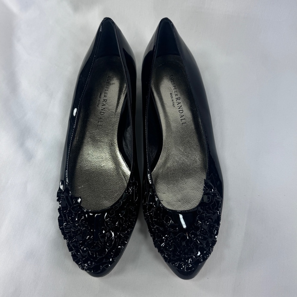 Loeffler Randall Patent Leather Ballet Flat Ruffle Pointy Front Low Heel Black 7